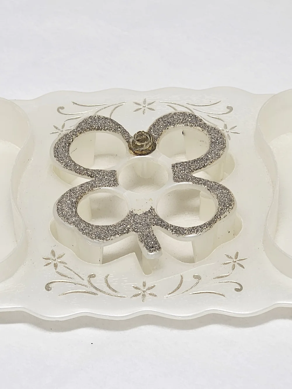 Vintage  White Plastic Vanity Makeup Jewelry Tray with Glitter Accent